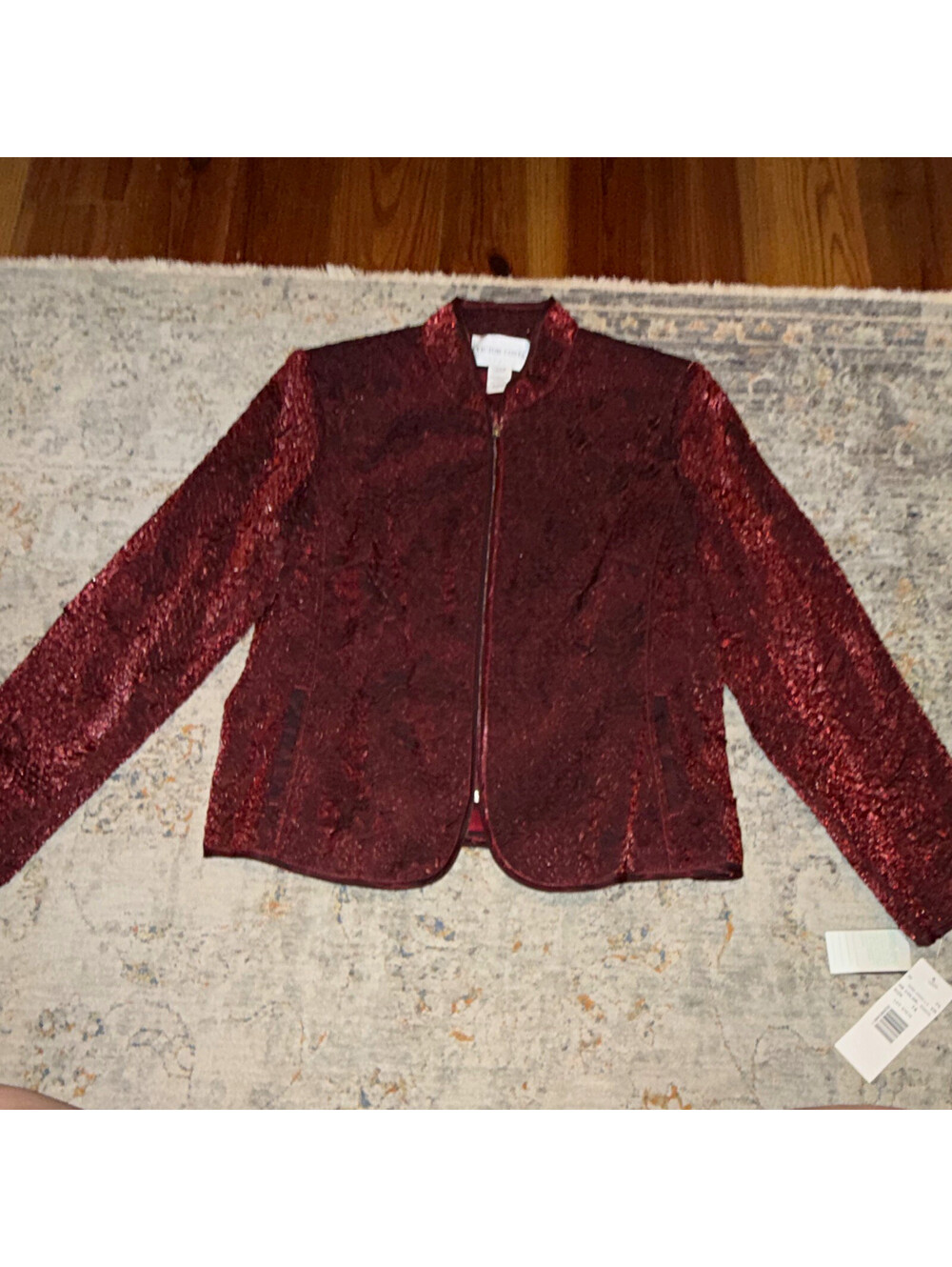Victor Costa Women's Red Metallic Floral Textured Full Zip Jacket Size 14 A355